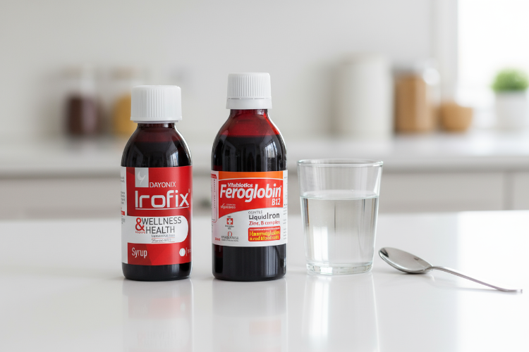 شربت آیروفیکس و فروگلوبین روی پیشخوان آشپزخانه برای مقایسه